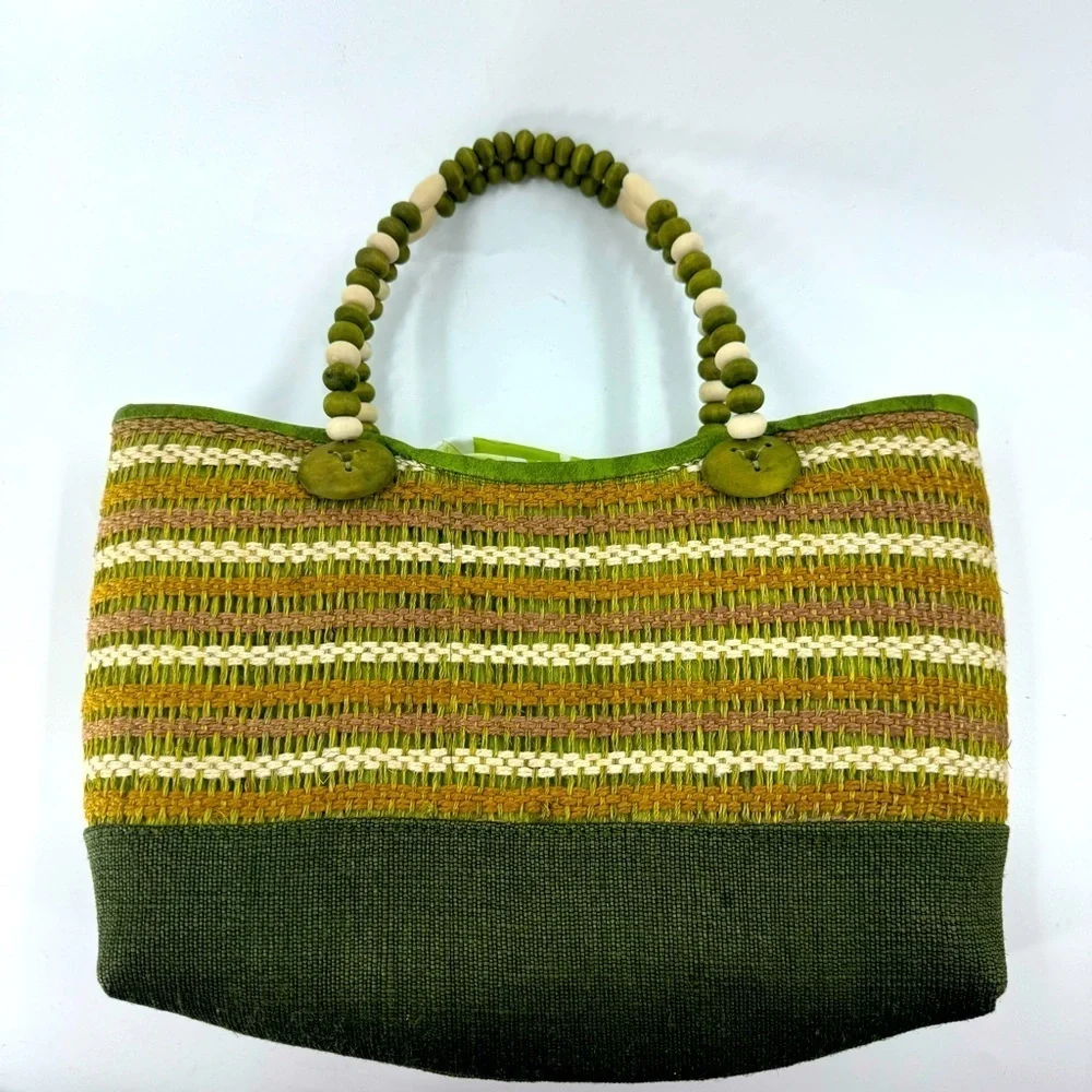 Unbranded Green/Tan Striped Tote with Beaded Handle‎ with Bow Detail